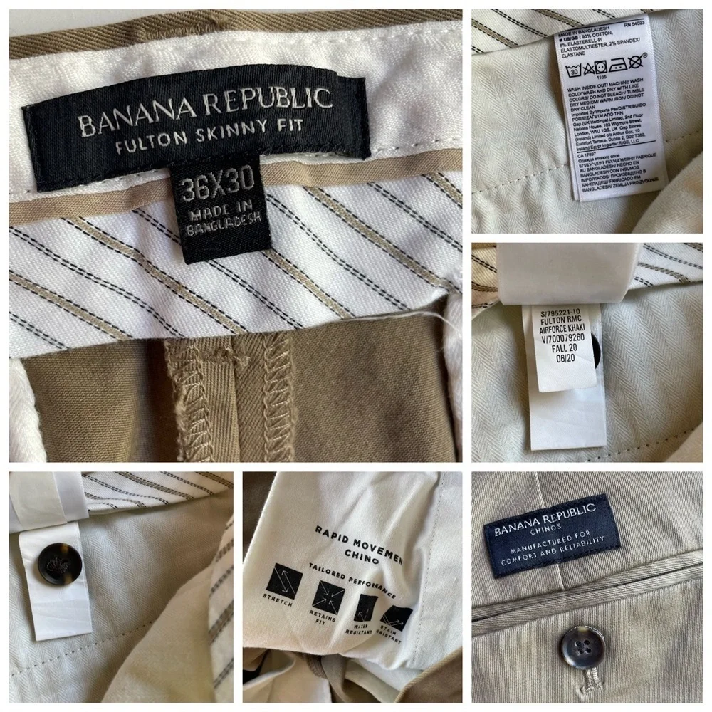 Banana Republic Fulton Skinny Rapid Movement Chino Pant Tan Brown Size 36W 27L